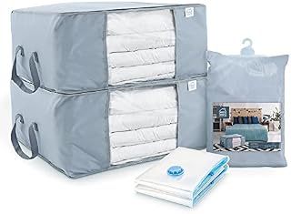Hus Hus Large Storage Bags With Zips. Water Resistant 600D Oxford Fabric, 2pcs + 2pcs Vacuum Bags. For Clothes, Duvets and Bedding Storage. Underbed and Wardrobe Organisation.UK COMPANY