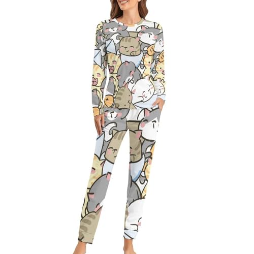 Pyjama chat femme pour ne plus avoir froid la nuit avec t-shirt manches longues et pantalon