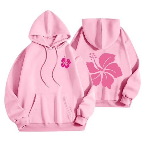 bawilom Pink Palm Puff Hoodie Real Women Oversized Sweatshirts Fleece Sweaters Drawstring Long Sleeve Pullover Tops Pocket