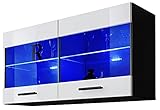 Façade en Blanc Brillant ExtremeFurniture T25 Vitrine, Carcasse en Noir Mat/Façade en Blanc Brillant + LED Blanches