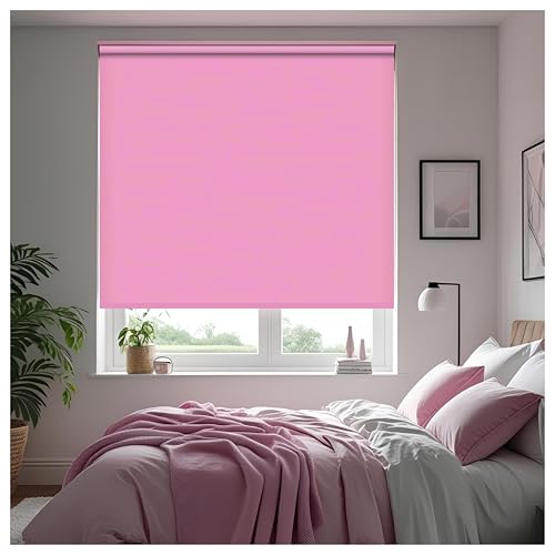 Thermal Insulated Blackout Fabric Roller Blinds, Easy Fit Room Darkening Shades Fittings Included Pink (Width 60cm x Length 165cm, Blackout, Pink) (BK004)