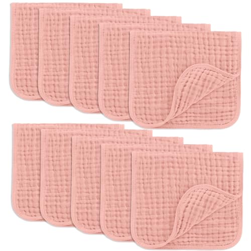 Image of Comfy Cubs Muslin Burp Cloths 20" x 10", Pack of 10 - Large, 6-Layer, Ultra Absorbent 100% Cotton for Baby Drool and Messes - Soft, Safe & Gentle Baby Burp Cloths for Boys & Girls - Bold Blush