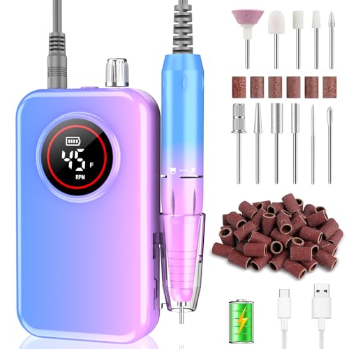 Nail Drill Professional, 45000 RPM Rechargeable Electric Nail File Kit for Acrylic & Gel Nails, Portable Manicure Pedicure Tool for DIY Home or Salon, with 11 Nail Drill Bits & Sanding Band Set