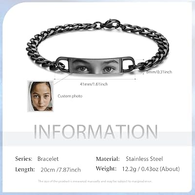 JSDDE Bracelet Projection Personnalisé Photo pour Femmes Hommes 6mm Bracelet Élastique avec Perles Rondes en Pierre Naturelle Porte Photo Projetée Bracelets Distance Mémorial Bijoux (Agate Noir