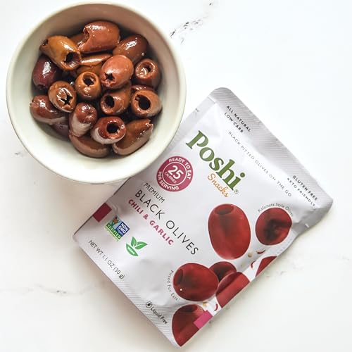 Image of Poshi Green Olives On-The-Go - Original Flavor - Single Serve Pitted Olives - Convenient and Healthy Snack Packs - All Natural, Non-GMO, Kosher, Gluten-Free (Original Chili + Garlic Black Olives, 33 Ounce (Pack of 30))