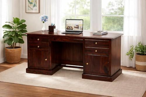 Image of Solid Sheesham Wood Office Desk with 4 Drawers & 2 Cabinets, Wooden Computer Table with Keyboard Tray & Footrest, Study Writing Desk for Home Office Furniture (Walnut Finish)