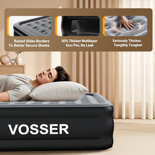 Image of VOSSER Queen Air Mattress with Built in Pump,18'' Raised Self Inflatable Mattress,Blow Up Mattress in 3 Mins,Puncture-Resistant Airbed for Floor&Home,Queen Size Air Matress for Adults,660lb Max,Black