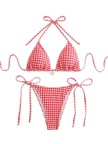 Falainetee Women's Plaid Gingham Bathing Suit High Waisted Halter Triangle Swimsuit Bikini Set Pure Red S