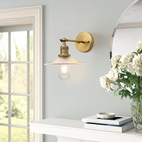 Image of Industrial Vintage Wall Sconce 1-Light with Funnel Ribbed Clear Glass Shade, Indoor Wall Mounted Lamp Fixture for Living Room Bedroom Bathroom Over Kitchen Sink