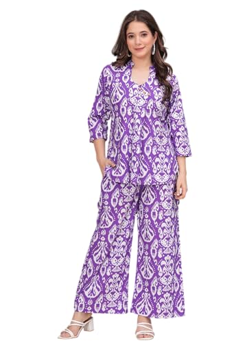 Image of Women's Pure Cotton Co-Ord Set | Three-Quarter Sleeves-Mandarin Collar Top & Palazzos | Printed Casual Wear Co-Ord Set for Women