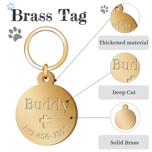 Personalized Dog Tags for Pets, Custom Solid Brass ID Tag for Dogs Cats, Deep Engraved Name Collar Tag, Durable Rust-Resistant (Round)