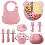 comeder Baby Weaning Set, 10 Pcs Silicone Feeding Bowl & Spoon Set for Toddlers, BPA-Free, Soft & Safe Baby Led Weaning Essentials, Microwave & Dishwasher Safe (Pink)