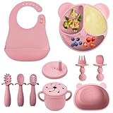 comeder Baby Weaning Set, 10 Pcs Silicone Feeding Bowl & Spoon Set for Toddlers, BPA-Free, Soft & Safe Baby Led Weaning Essentials, Microwave & Dishwasher Safe (Pink)