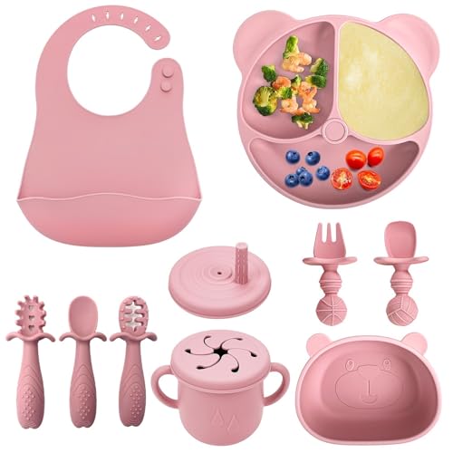 comeder Baby Weaning Set, 10 Pcs Silicone Baby Feeding Set, Baby Led Weaning Feeding Supplies for Toddlers, Baby Plates and Bowls Sets with Adjustable Bib, Food Plate Kit, Fork & Spoon (Pink)