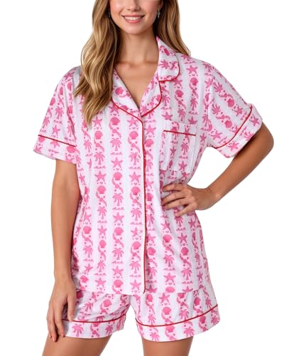 Pajamas for Womens Set Summer 2 Pece Pjs Matching Shorts Set Loungewear Palm Sleepwear for Beach Vacation Holiday Pink