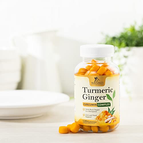 Turmeric Ginger Gummies - Vegan Turmeric Curcumin Gummy With 95% Curcuminoids - Black Pepper For Max Absorption, Natural Joint Support Supplement, Nature's Tumeric Extract, Peach Flavor - 120 Gummies #TOP6