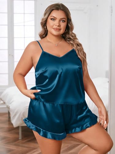 Image of SOLY HUX Women's Plus Size Silk Satin Pajama Set Cami Top and Ruffle Hem Shorts Lounge Sleepwear Pure Teal Blue 2XL