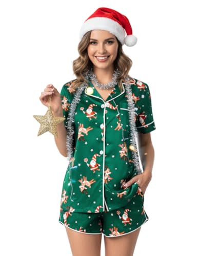 Image of Ekouaer Womens Silk Satin Pajama Set Print Short Sleeve Sleepwear Button Down Pjs Shorts Set Loungewear