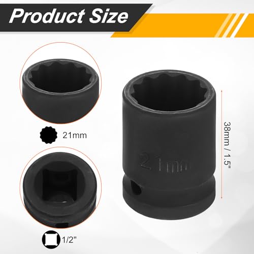 Image of HARFINGTON 2pcs 1 /2 inch Drive x 21mm Shallow Impact Socket 12-Point Metric CR-V Steel Spindle Nut Impact Flip Sleeve for Home Auto Nuts Bolts Repair