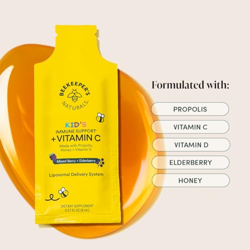 Kid's Immune Liposomal Vitamin C by Beekeeper's Naturals, 500 mg Vitamin C, Elderberry, Vitamin D, Propolis & Honey, Kid-Friendly Immune Support - Mixed Berry Flavor, Easy to Use, Bioavailable, 12 Ct - Image 5
