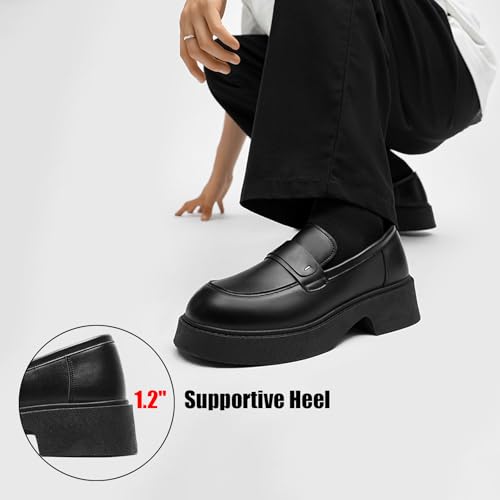 Men's Retro Leather Platform Chunky Heel Loafers with Arch Support Casual Round Toe Thick Sole Heightening Slip-On Formal Dress Penny Shoes for Party Wedding Business Daily3