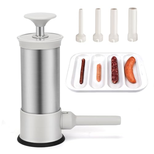 Manual Sausage Stuffers, 2.2-Pound Household Vertical Sausage Makers with 4 Stuffing Nozzles for Homemade Sausage, Faster Ground Meat Filling, Whtie