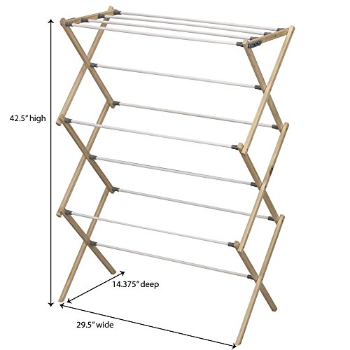 Image of Household Essentials X-Frame Clothes Drying Rack, Stabile Wood Frame with Slanted Feet, Smooth Vinyl Wrapped Rods, 23.8 Feet of Hanging Space, Ready to Assemble, Flat Top, Natural