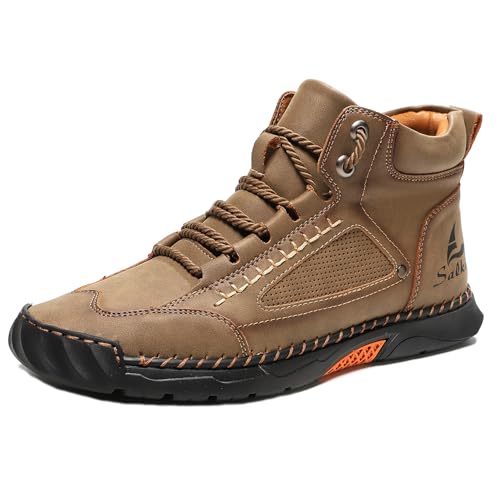 CrazySavage Mens Casual Leather Orthopedic Handmade Boots Fashion Mid Top Walking Driving Shoes Waterproof Arch Support Spacious Toe Box Outdoor Non-Slip Trekking Boot (Khaki,9)