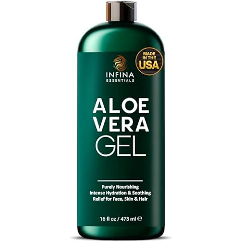 INFINA ESSENTIALS Pure Aloe Vera Gel for Face, Hair & Skin - Soothing Aloe Gel for Sunburn Relief - Made with Organic Aloe Vera Gel 95%, Chamomile & Vit E, for All Skin Types - 16 fl oz Cover