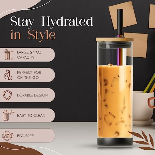 Glass Tumbler with Straw and Lid - Reusable Iced Coffee Cup