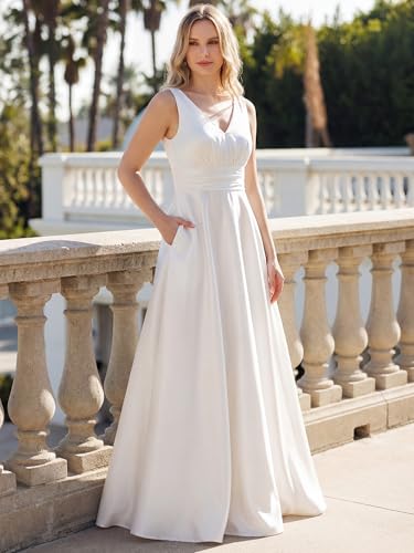Image of Ever-Pretty Women's Summer Satin V Neck Formal Wedding Guest Dress Floor Length Empire Waist Bridesmaid Dresses with Pockets