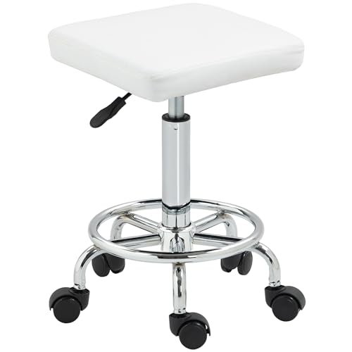 HOMCOM Taburete Giratorio Taburete con Ruedas Altura Regulable 50-66 cm Asiento Tapizado de Cuero Sintético Reposapiés para Salones y Talleres Blanco