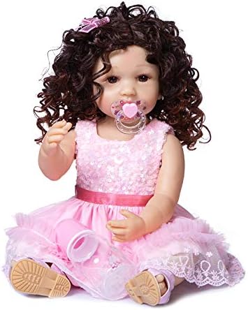 Lifelike Reborn Baby Doll 22 inch Realistic Reborn Baby Toddler Dolls Washable Baby Dolls Brown Hair with Pink Princess Dress Accessories Birthday Xmas Gift Sets for Kids