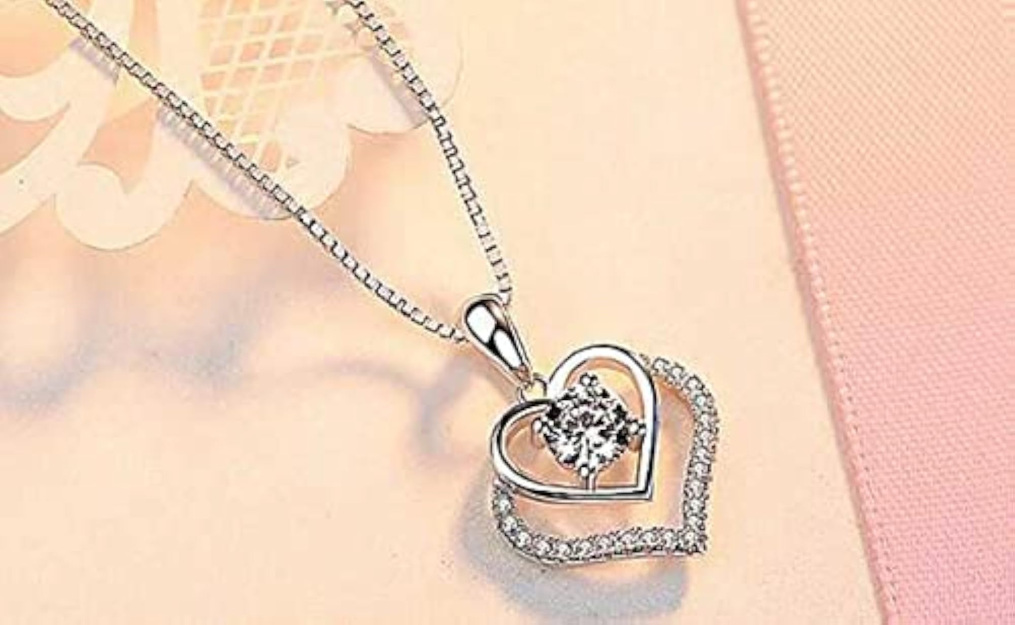 Bling Queen Double Heart Zirconia Silver Necklace