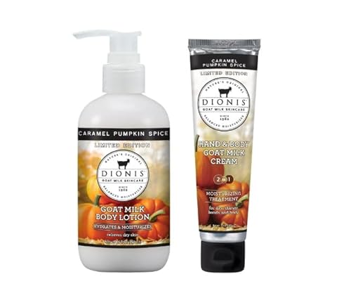 Dionis Goat Milk Skincare Caramel Pumpkin Spice Scented Lotion (8.5 oz) and Hand & Body Cream (3.3 oz) Bundle