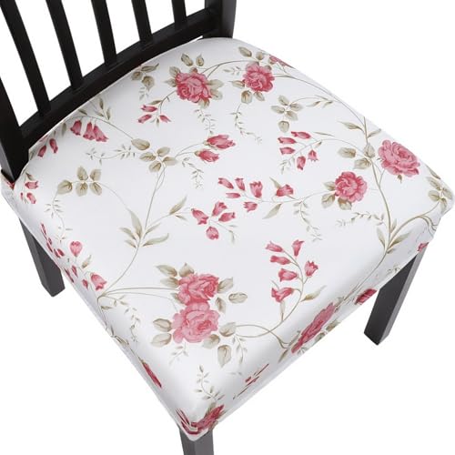 Image of SearchI Stretch Dining Chair Seat Covers Set of 6, Soft Removable Washable Seat Covers for Dining Chairs, Dining Room Seat Cover Protector (Rear-Covered, Pink Flower)