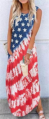 Image of LLHXRUI American Flag Maxi Dress for Women 4th of July Patriotic Long Tank Dress Casual Loose Pocket Dresses