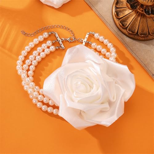 Chunky Large Rose Flower Pearl Necklace,Vintage Satin Fabric Camellia Choker Multi Layer Pearl Clavicle Statement Y2k Aesthetic Jewelry for Women2