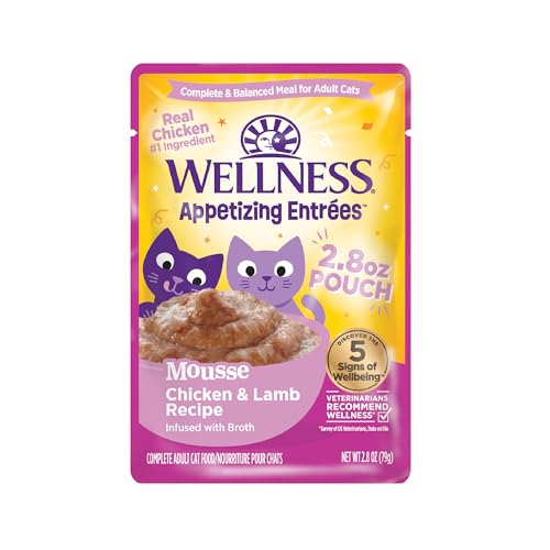 Image of Wellness Appetizing Mousse Flaked Adult Wet Cat Food, Natural, Protein Rich, Grain Free, Chicken and Lamb Recipe, 2.8 oz, Pack of 8 Pouches
