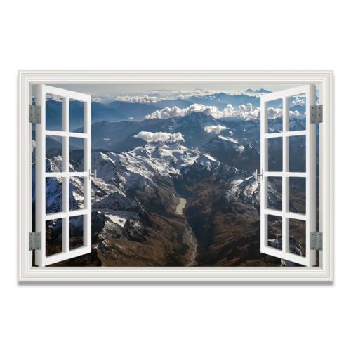 Cuadro lienzo efecto ventana con montañas nevadas de 20x30cm para decoración moderna de hogar