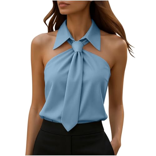 MXTPOV Tank Top for Women Dressy Solid Color Bow Tie Collar Fashion Sleeveless Blouses Halter Neck and Backless Tanks Blue Tank Top for Women Loose Fit S
