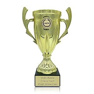 Zelaro Pokal mit Gravur Wunschtext | Pokale als Geschenk für Männer, Frauen und Kinder | Wanderpokal Bierpong und Tippspiel | Henkelpokal in Vier Größen (Gold 14cm)