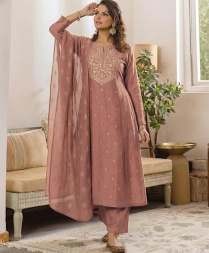 Image of ANNI Designer Women's Viscose Straight Printed Embroidery Kurta with Pant & Dupatta | Long Sleeve Ethnic Kurta Set for Women | Casual Office, Daily, Party Outfits