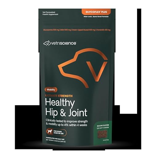 VetriScience GlycoFlex Ultimate Strength Healthy Hip & Joint Glucosamine Supplements for Dogs, with MSM, Chondroitin & Green-Lipped Mussel, Soft Chews, Bacon, 120 Count - New Look