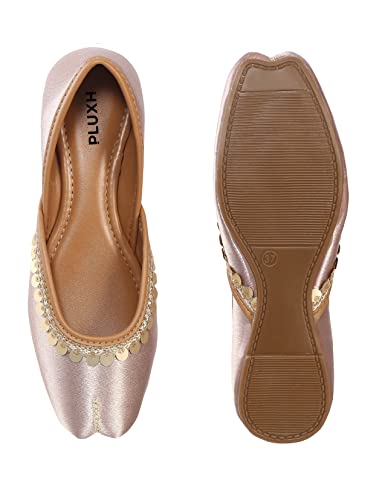 Image of Pluxh Women's Ethnic Jutti Shoes | Shiny Finish Mojari with Sequin Border | Soft Cushioned Slip-On Flats for Casual