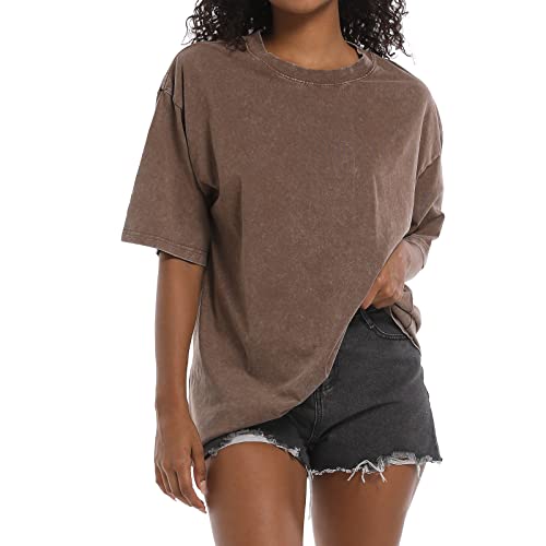 BINTEHGS Oversized Grunge Vintage t Shirts for Women Short Sleeve Cotton Casual Baggy Tees Teens Trendy Crew Neck Loose Tops（Coffee,L）