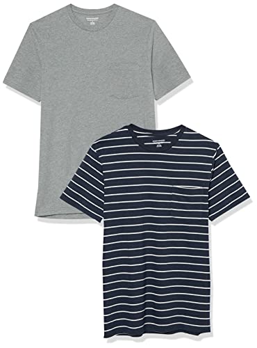 Amazon Essentials Camiseta con Bolsillo de Cuello a la Caja, Manga Corta y Ajuste Entallado Hombre, Pack de 2, Azul Marino Rayas/Gris Mezcla, M