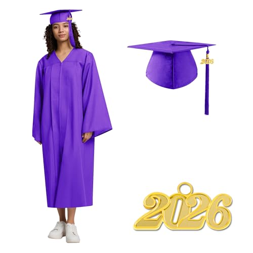 Image of 2026 Graduation Cap and Gown Matte Unisex for High School Bachelor | Heavyweight Matte Polyester, Zipper Closure, Adjustable Cap with 2026 Tassel, Sizes 39-60, Bulk Orders Available