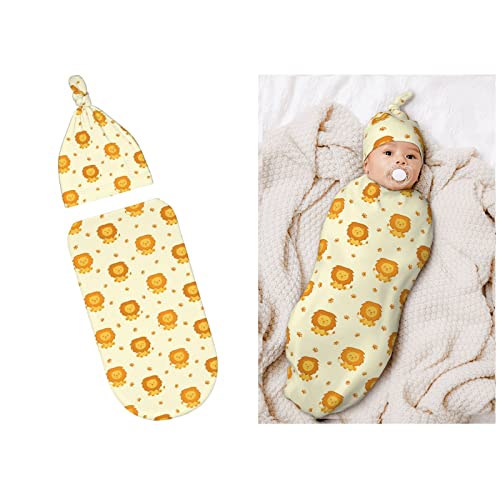 Cute Cartoon Lions Baby Stuff Newborn Swaddle And Hat Set Stretchy Soft Kings Baby Receiving Blanket Gifts For Infant Baby Boy Girl #TOP7