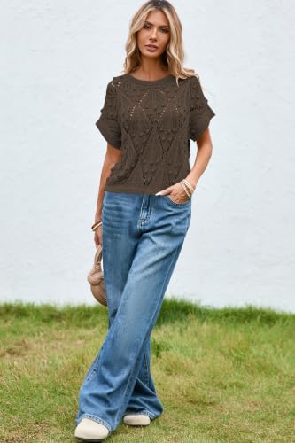 Image of Cakulo Women's Crochet Short Sleeve Sweater Summer Boho Tops | Hollow-out Pattern, Cropped Length, Open Knit Top, Loose Fit, Crew Neck, Beach Vacation, Casual Daily Wear